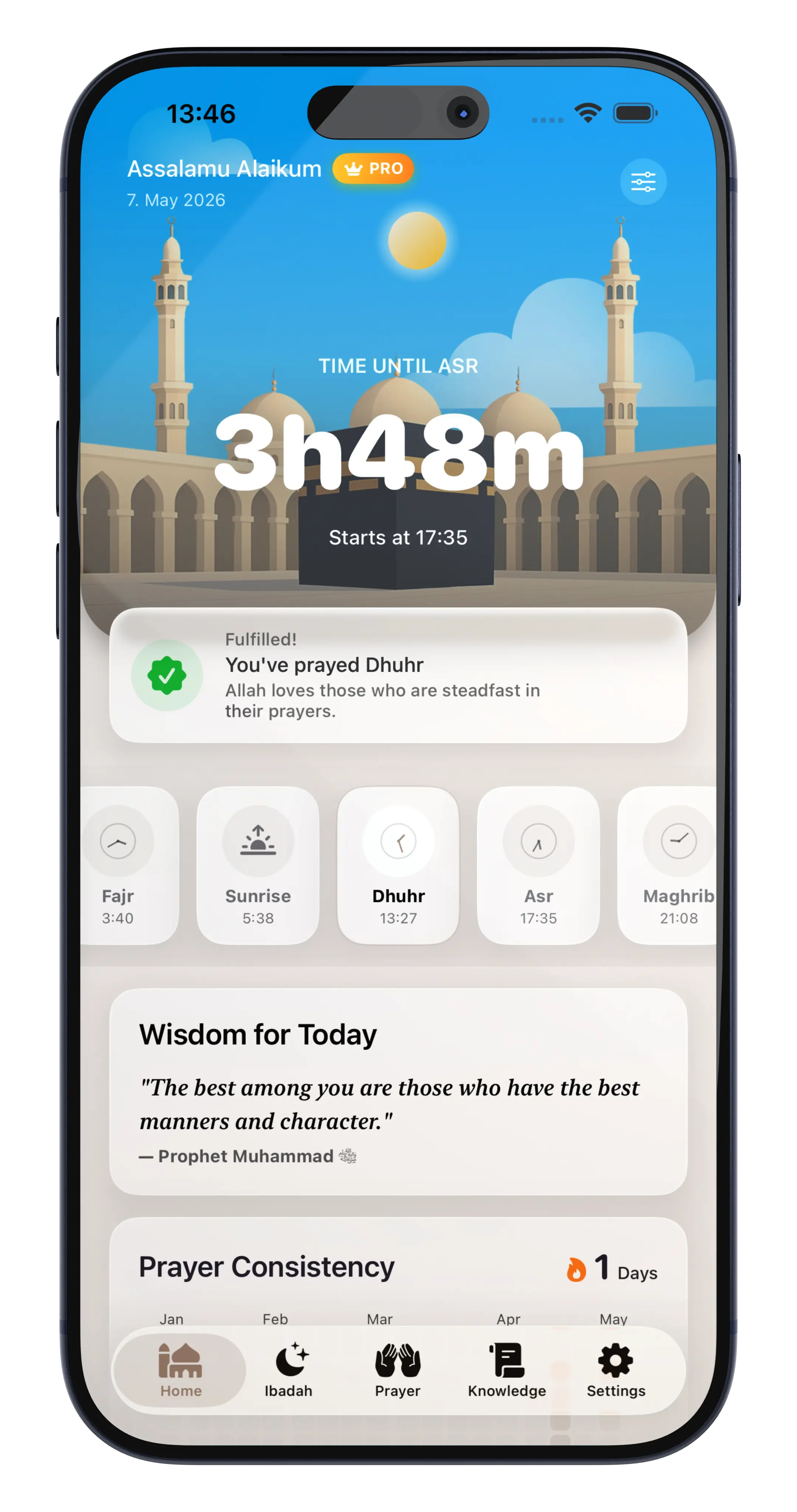 The Ilmora home screen, counting down to the next prayer.