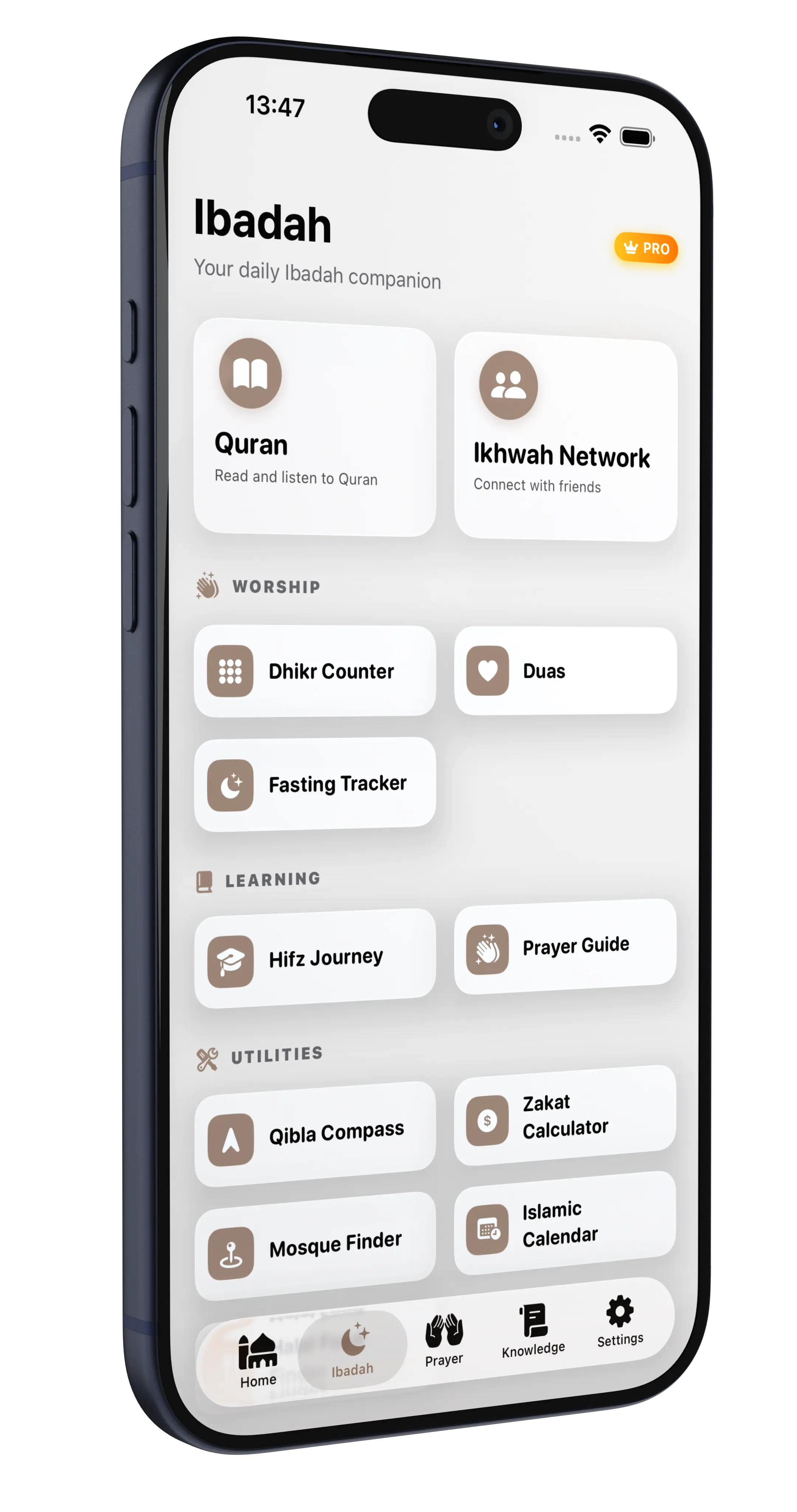 The Ilmora Ibadah hub, listing every worship tool on one screen.