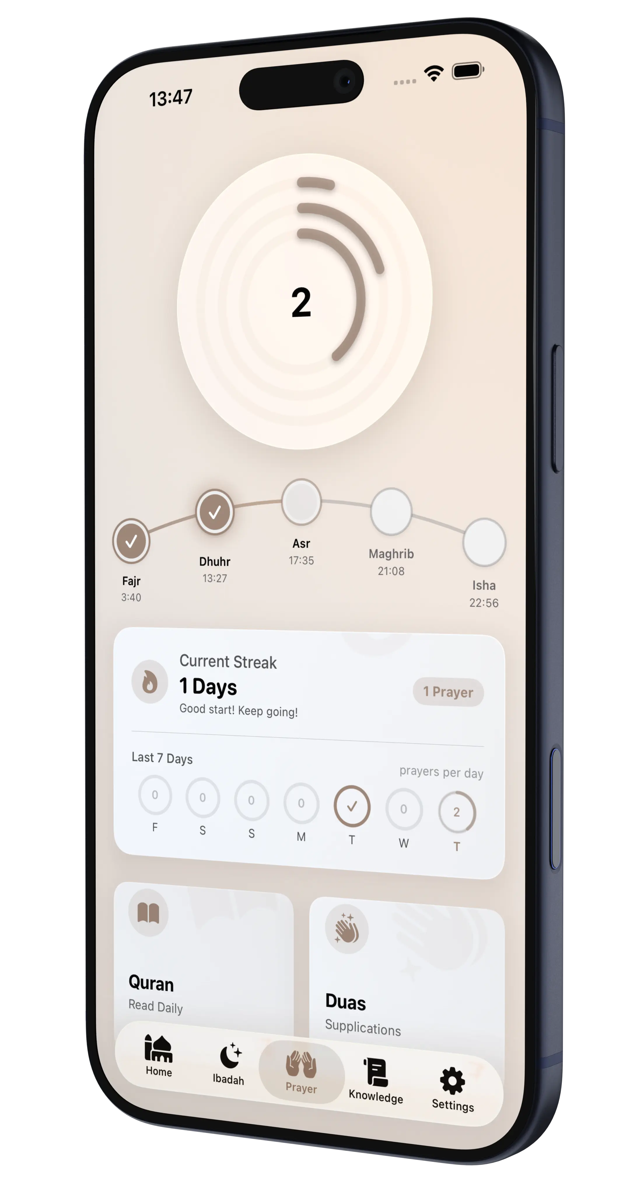 The Ilmora prayer tracker, showing progress rings and a streak count.