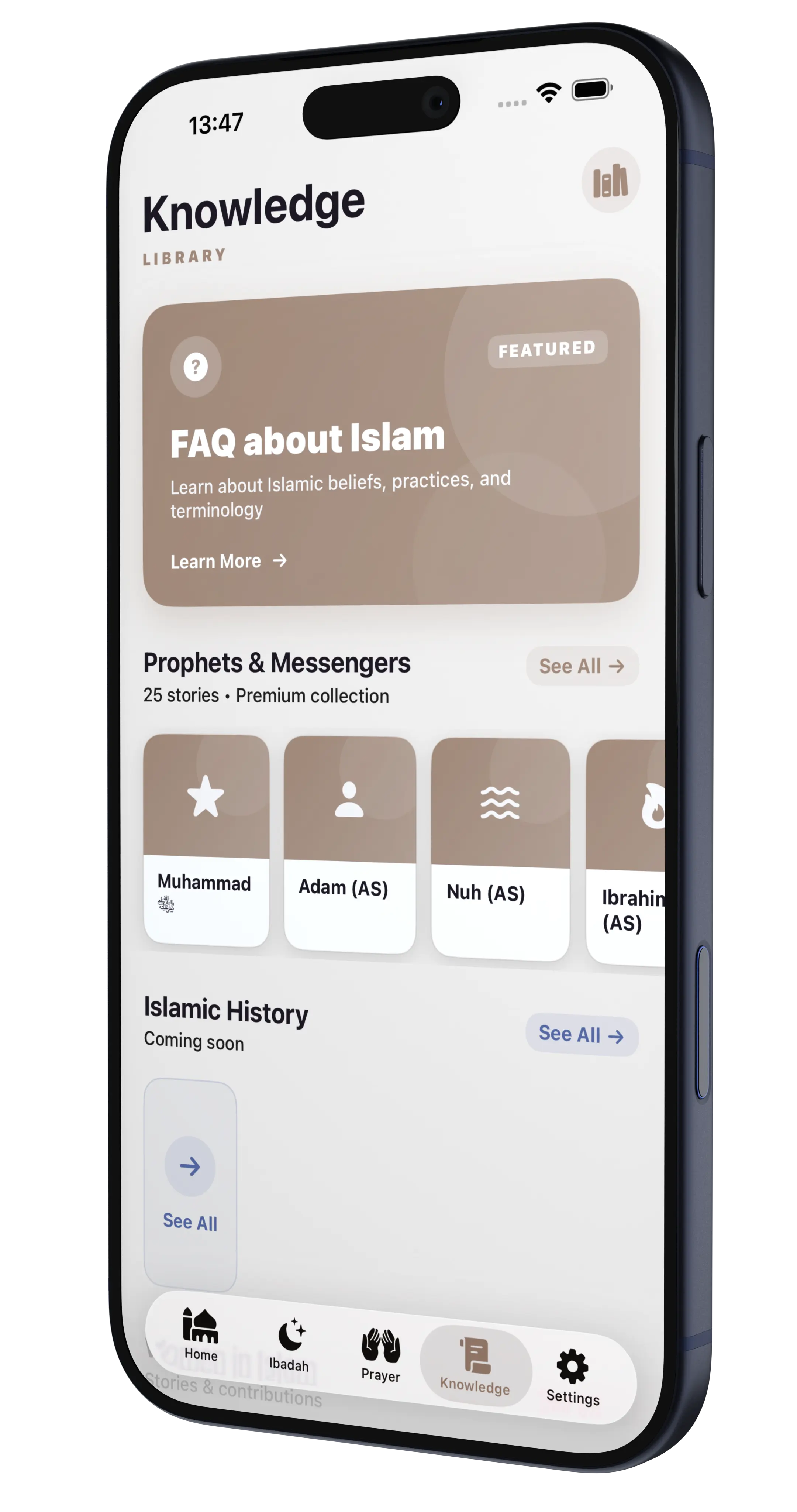 The Ilmora knowledge library, with collections of Prophet stories and Islamic history.